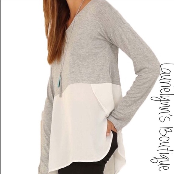 Laurielynn’s Boutique Tops - 1 day sale!  grey & white split hem chiffon top